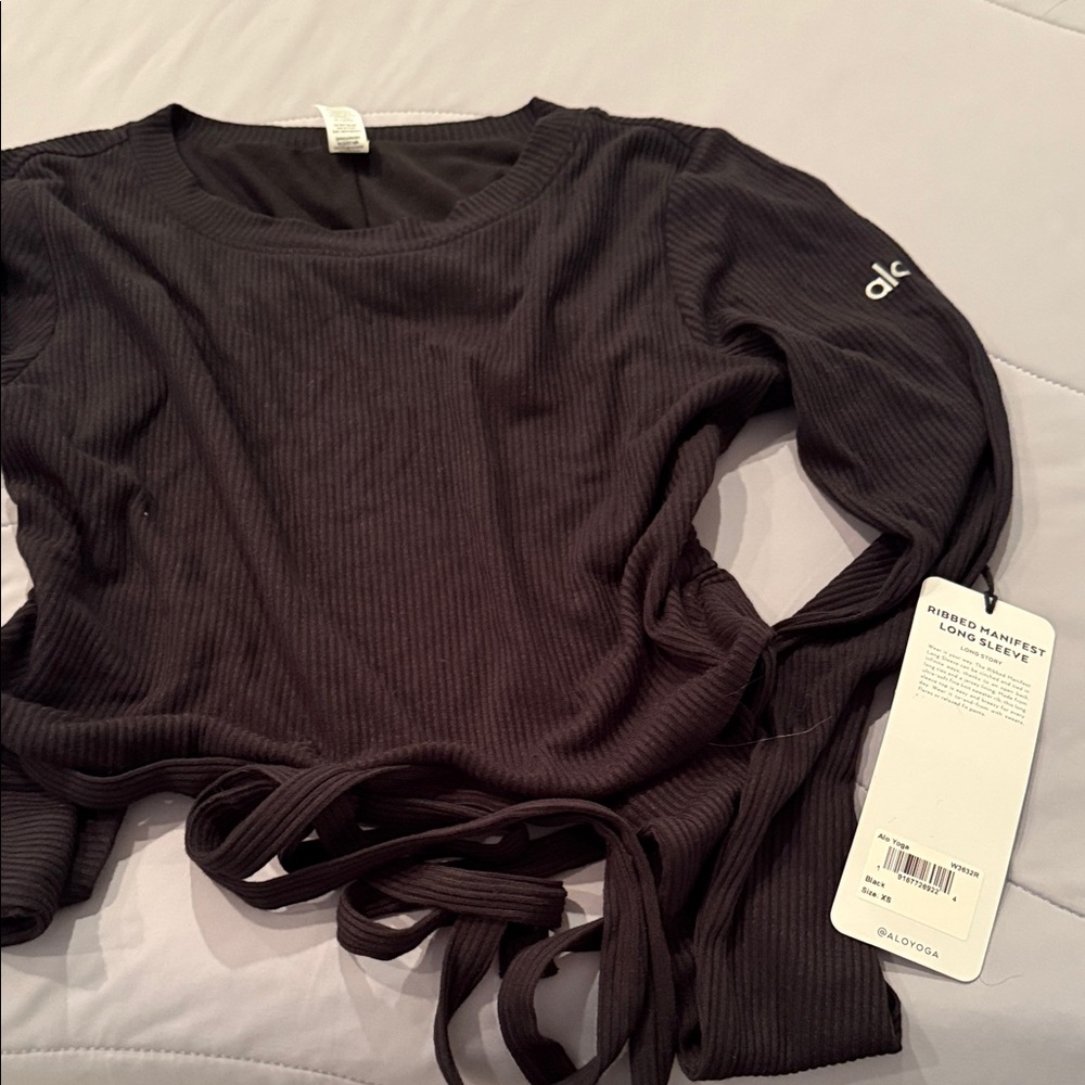 ALO Yoga Black Ribbed Long Sleeve Top.  Partially open in the back